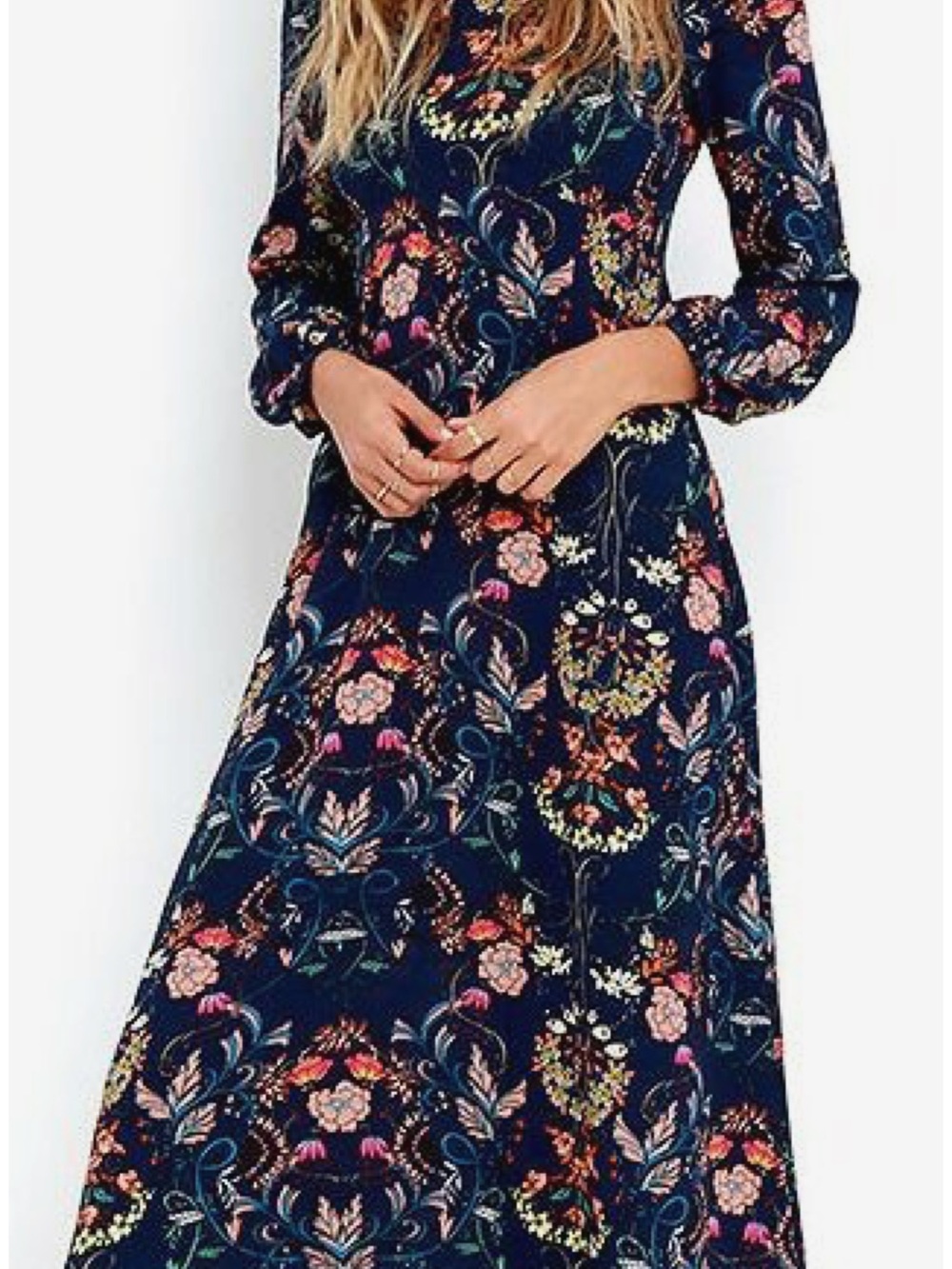 New with tags, I.MADELINE, Navy Floral Midi Dress - Elegant Long Sleeve Dress